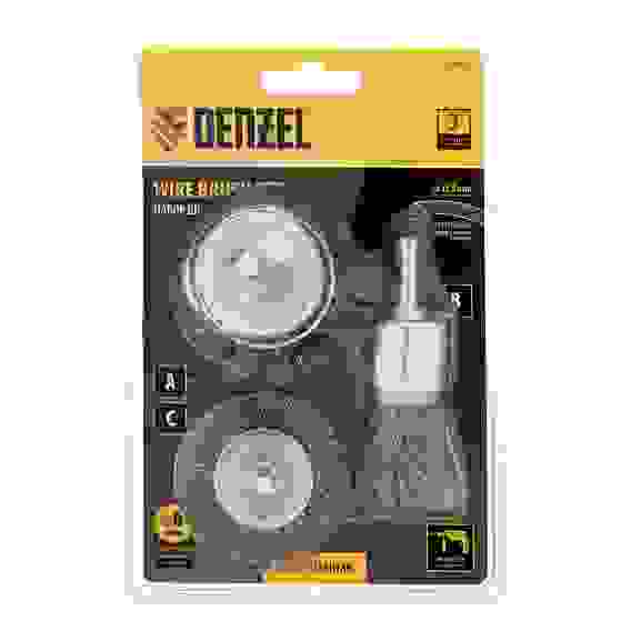 Набор щеток для дрели, 1 Плоская 50мм, 2 Чашки 25-50мм, шпилька, нерж. вит. проволока// Denzel