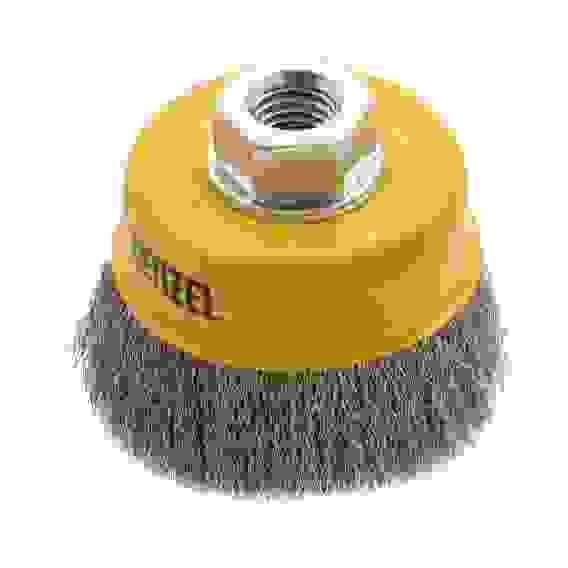 Щетка для УШМ, 75 мм, М14, Чашка, витая нержавеющая проволока 0,3 мм// Denzel