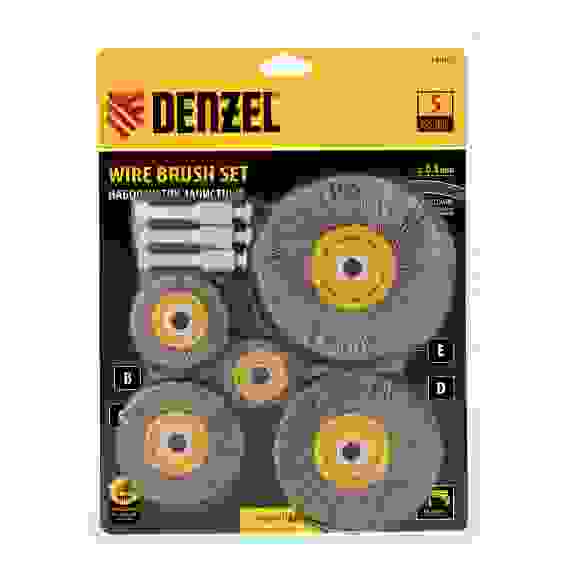 Набор щеток для дрели, 5 Плоских 25-38-50-63-75 мм, шпилька, нерж. вит. проволока// Denzel