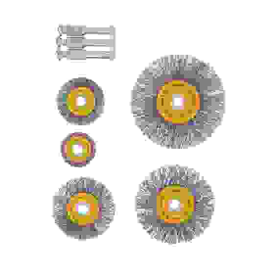 Набор щеток для дрели, 5 Плоских 25-38-50-63-75 мм, шпилька, нерж. вит. проволока// Denzel