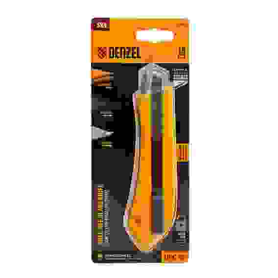 Нож, 18 мм, сменное лезвие, SK4, метал. направляющая, нажимной фиксатор// Denzel