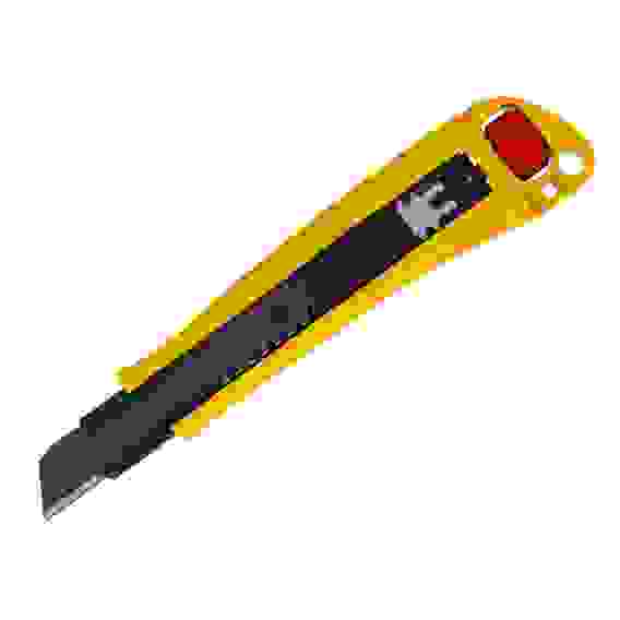 Нож, 18 мм, сменное лезвие, SK4, корпус из цинкового сплава + TPR, торцевой зажим// Denzel