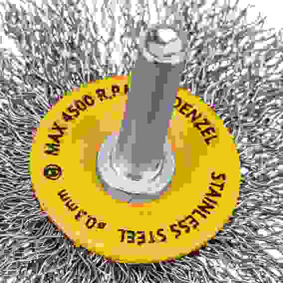 Щетка для дрели, 60 мм, Плоская, со шпилькой, нержавеющая витая проволока// Denzel