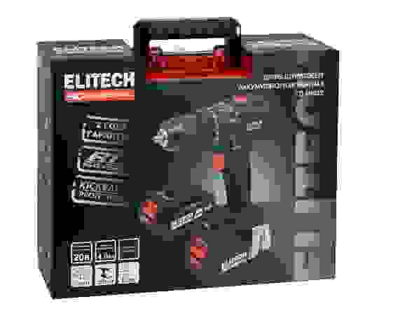 Дрель-шуруповерт акк. ELITECH CD 20ISL2, бесщеточный, 60 Нм, 500/2000 об/мин, 20В, Li-ion 2*4 Ач