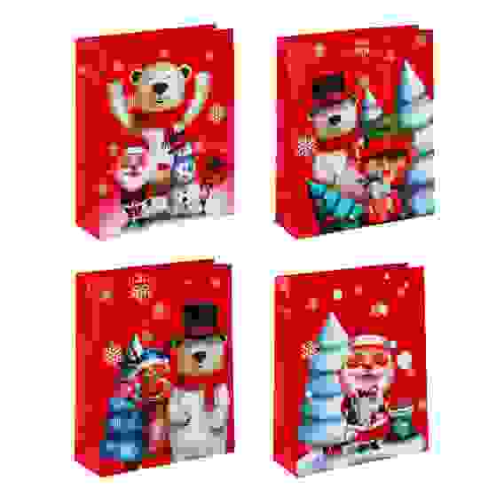 Пакет подарочный бумажный, с ламинированным нанесением, 26x32x9 см, 4 дизайна, арт 16 СНОУ БУМ