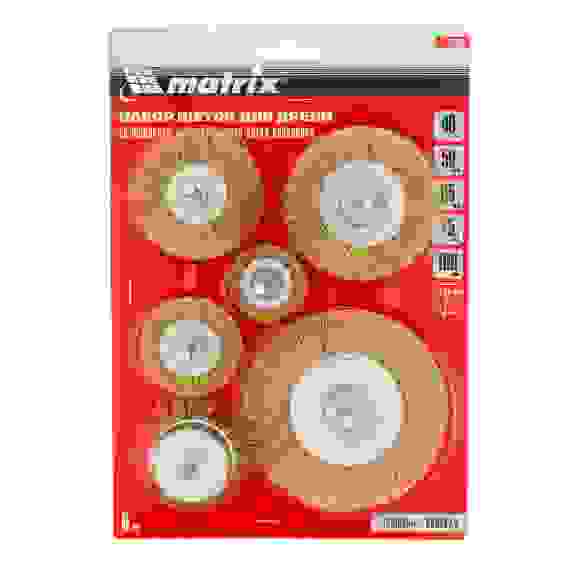 Набор щеток для дрели, 6 шт., 5 Плоских 40-50-65-75-100 мм, 1 Чашка 50 мм, со шпильками// Matrix