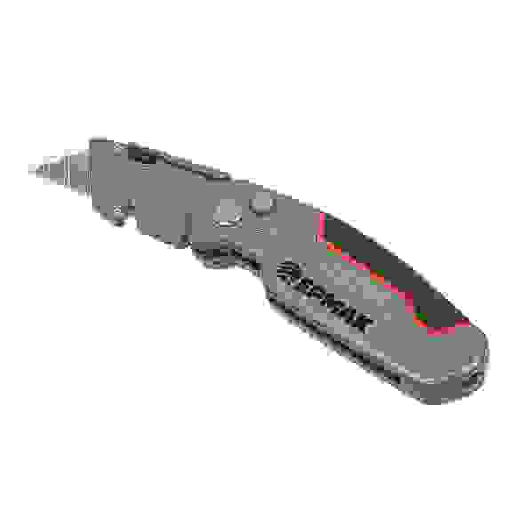 Нож универсальный складной, цинк.сплав+ABS+TPR, с выдв.лезв.19мм трап.+2 запас.лезв.+2 биты ЕРМАК