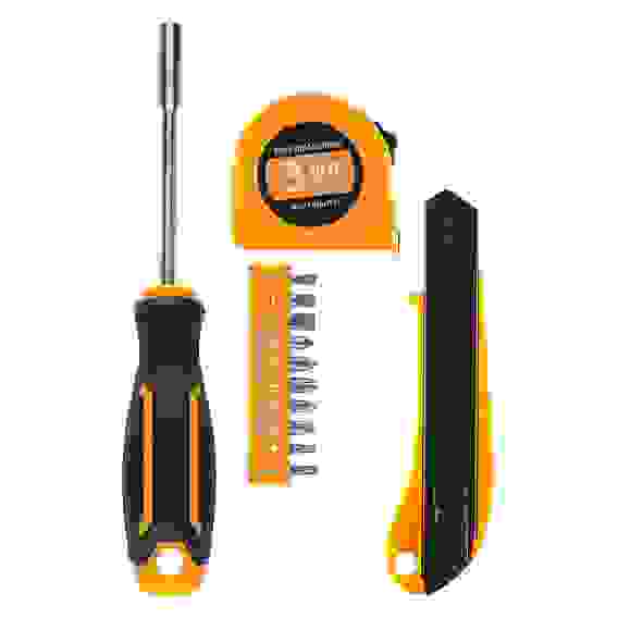 Набор из 13ти предметов, отвертка под биты, 10 бит, нож сегментный 18мм, рулетка 3м РОКОТ