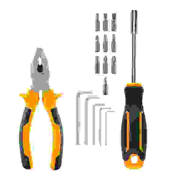 Набор 17 предметов, отвертка под биты, 10 бит, 5 шестигранников, пассатижи 150мм РОКОТ