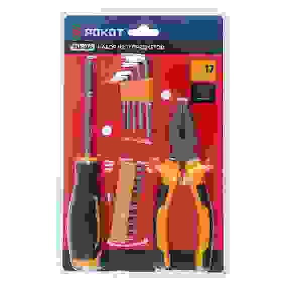 Набор 17 предметов, отвертка под биты, 10 бит, 5 шестигранников, пассатижи 150мм РОКОТ