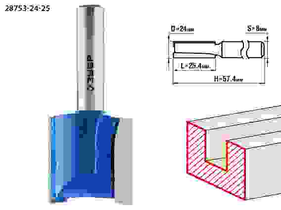 Фреза пазовая прямая, 24x25мм, хвостовик 8мм, Профессионал ЗУБР