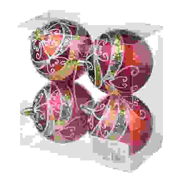 Набор шаров 8 см, 4 шт, красный, пластик, глиттер, 26-117 СНОУ БУМ