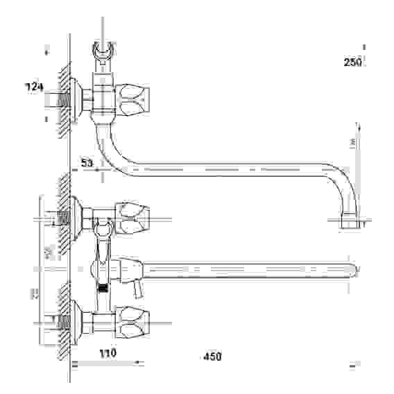Смеситель для ванны Кварц, круглый излив 40см, керам. кран-буксы 1/2, душ. набор, латунь, хром RAIN
