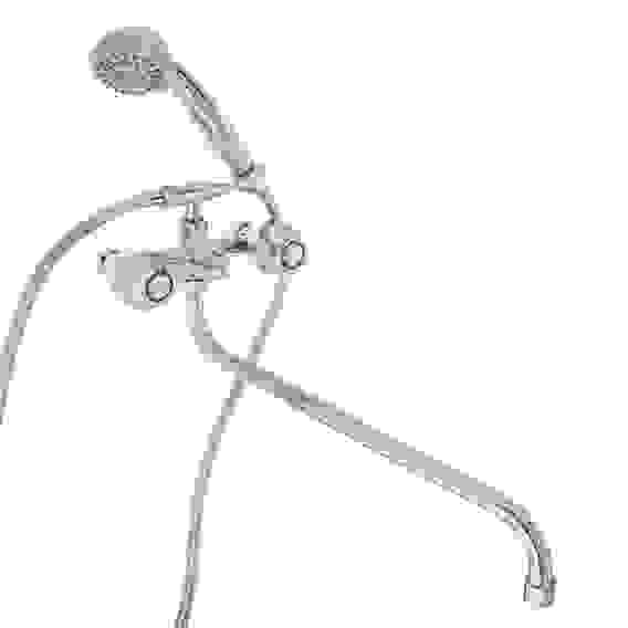 Смеситель для ванны Кварц, круглый излив 40см, керам. кран-буксы 1/2, душ. набор, латунь, хром RAIN