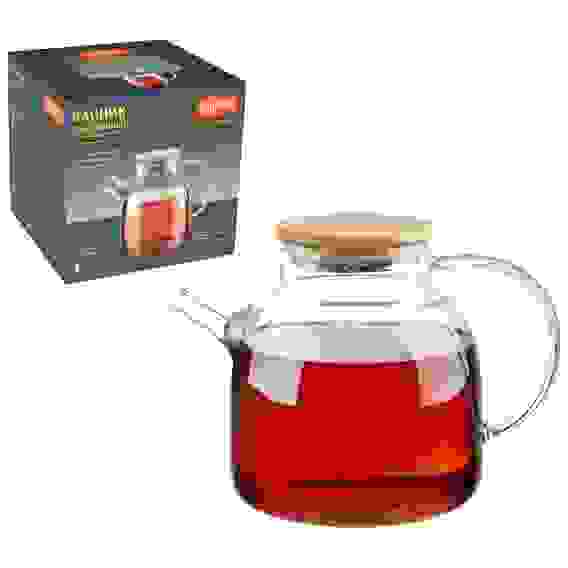 Чайник заварочный Foresta di bambu, объем 1,5 л, из боросиликатного стекла с крышкой из бамбука