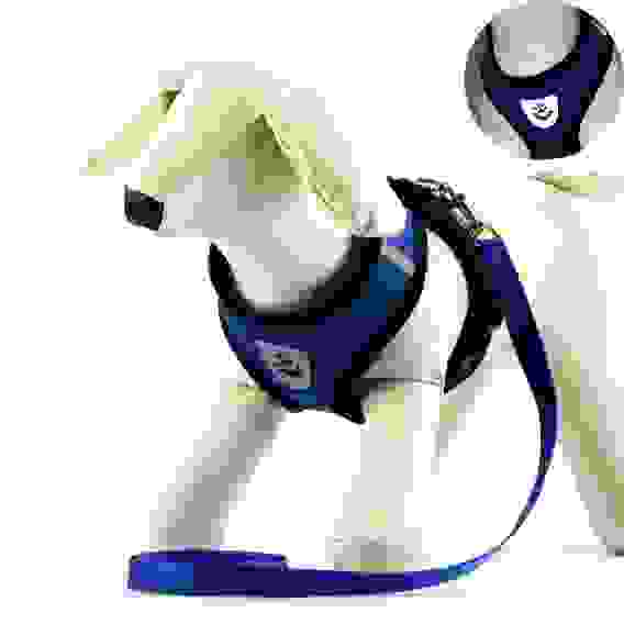 Шлейка с поводком, размер M, ОШ 26, ОГ 36-44, с светоотражающей нашивкой, мягкая, синяя