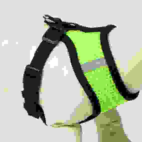 Шлейка с поводком, размер M, ОШ 26 см, ОГ 36-44 см, с светоотражающей нашивкой, мягкая, зелёная