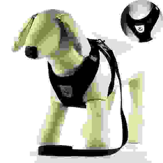 Шлейка с поводком, размер L, ОШ 33 см, ОГ 36-48 см, с светоотражающей нашивкой, мягкая, чёрная