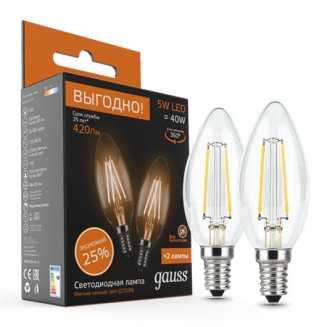Лампа светодиодная LED 5вт 230в Е14 FILAMENT теплый свеча Gauss ПРОМО (2 лампы в упаковке)
