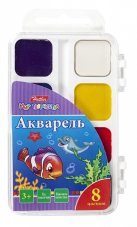 Краски Акварель медовые полусухие 8 цв. Hatber-Дельфины- без кисти в пластиковом пенале