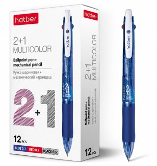 РУЧКА Hatber шариковая 2+1 (синий,красный+карандаш) 0,7мм чернила на масл.основе игольч.пишущ.узел с
