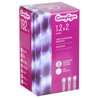 Гирлянда эл. водопад 192LED*белый, 1,2х2м, 8 нитей, ПВХ прозр., 8 реж, коннектор, 220В СНОУ БУМ