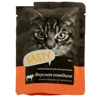 Влажный корм Tasty для кошек,говядина в желе, пауч, 85 г 2879586