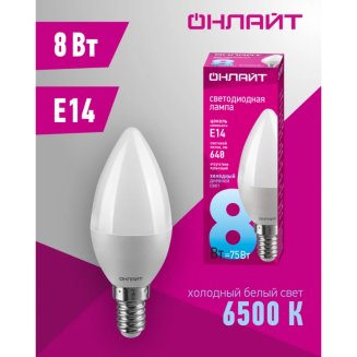 Лампа светодиодная LED 8вт E14 холод 6500К свеча ОНЛАЙТ